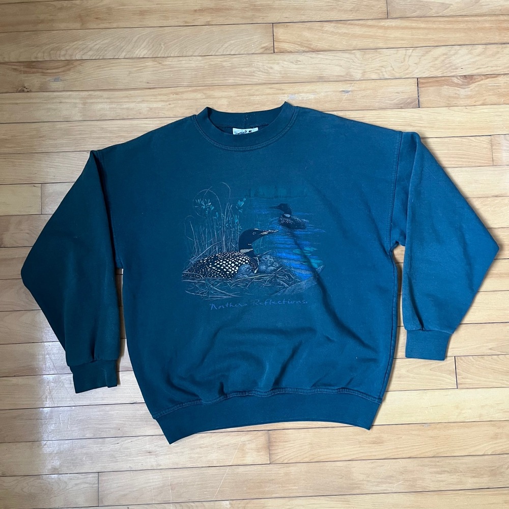 Northern Reflections Vintage Loon Graphic Sweatshirt Forest Green Crewneck XL